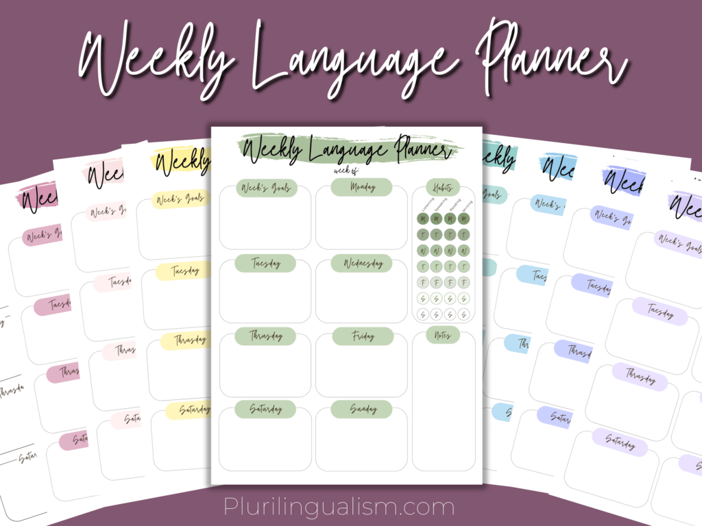 Weekly language planner with 7 days, weekly goals, and four language habits. Plurilingualism.com