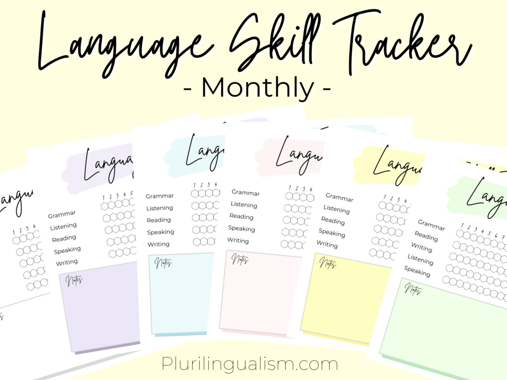 Language skill tracker - monthly. Grammar, listening, reading, speaking, and writing. Plurilingualism.com 