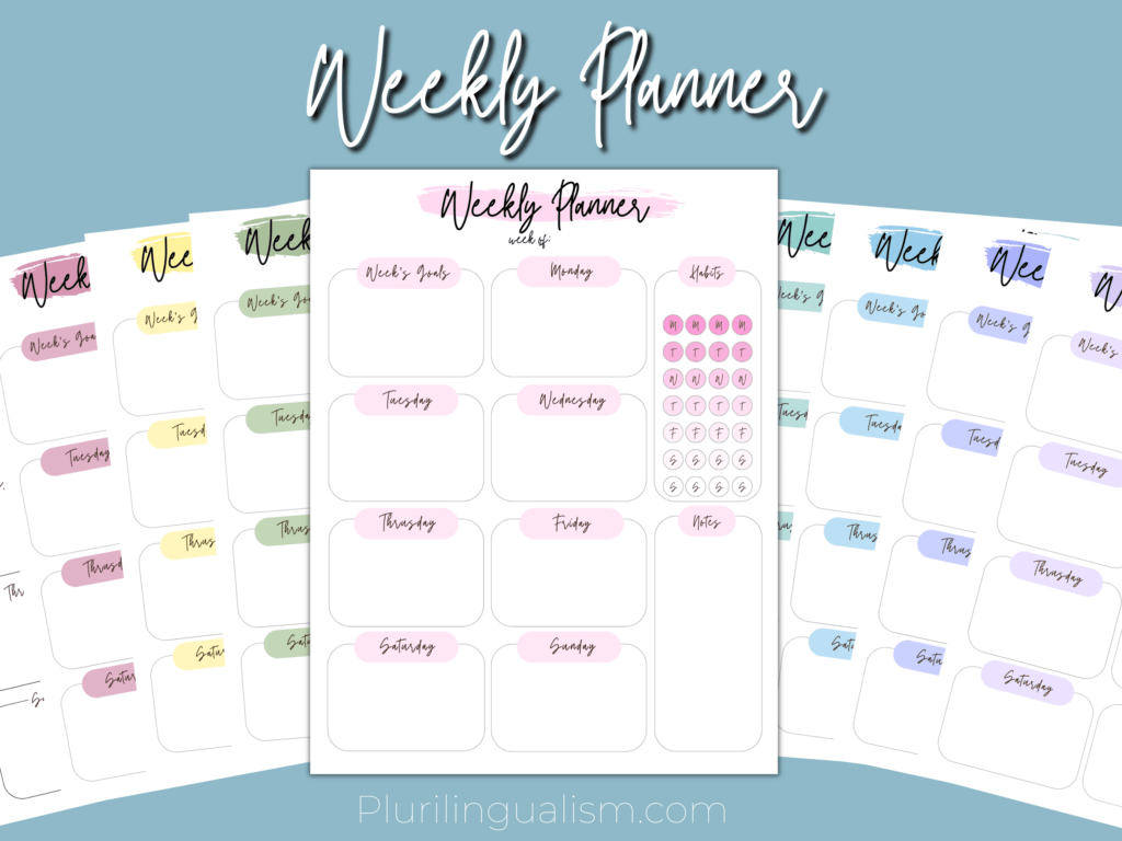 Weekly planner and habit tracker. With 7 days, weekly goals, and four habits. Plurilingualism.com 