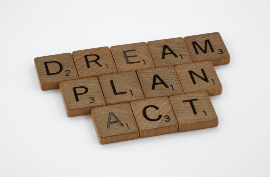 dream, plan, act image created from scrabble letters