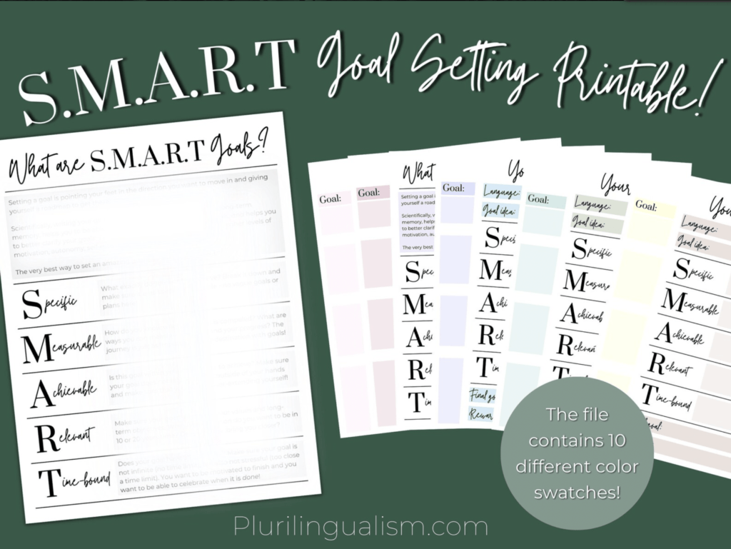 SMART language goal setting printable. This file contains 10 different color swatches! Plurilingualism.com