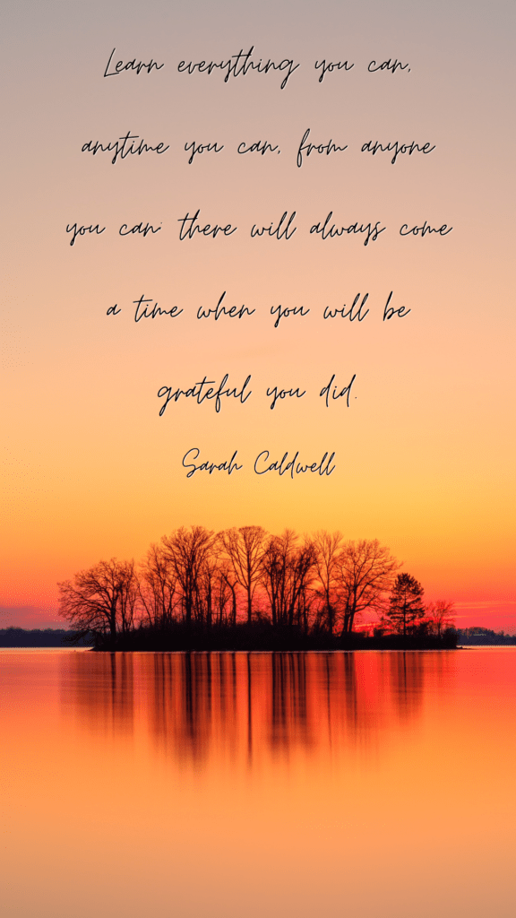 Learn everything you can, anytime you can, from anyone you can; there will always come a time when you will be grateful you did - Sarah Caldwell --- language learning quote phone wallpaper