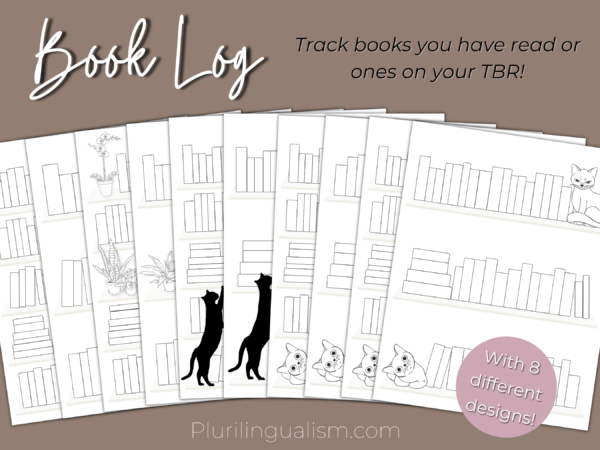 Book log where you can track books read in 10 different bookshelf designs with plants and cats