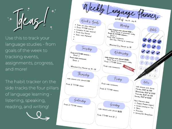 Weekly language planner for language learners with weekly habit tracker - language printables