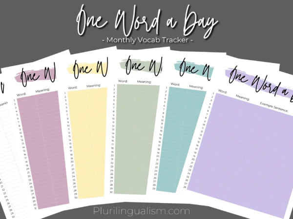 One word a day vocabulary tracker - tool for language learners printable