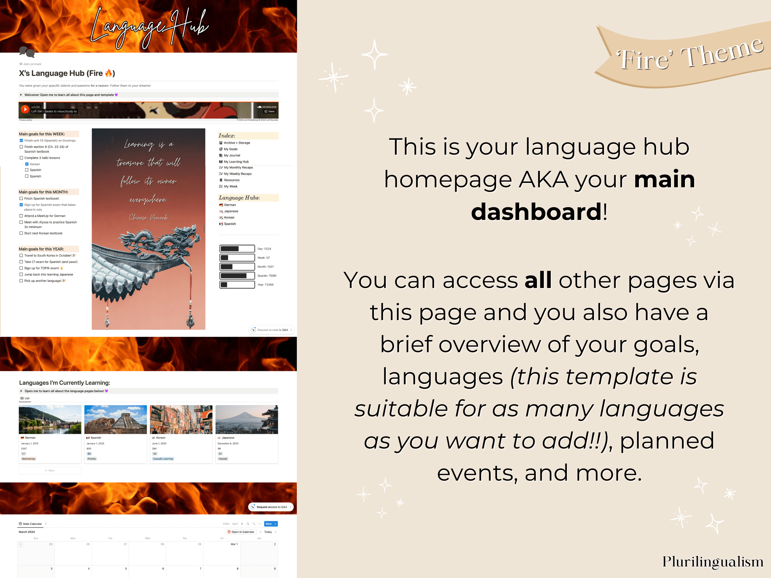 All-in-one mega Notion template for language learners. Fire theme. Main dashboard to track everything language learning related