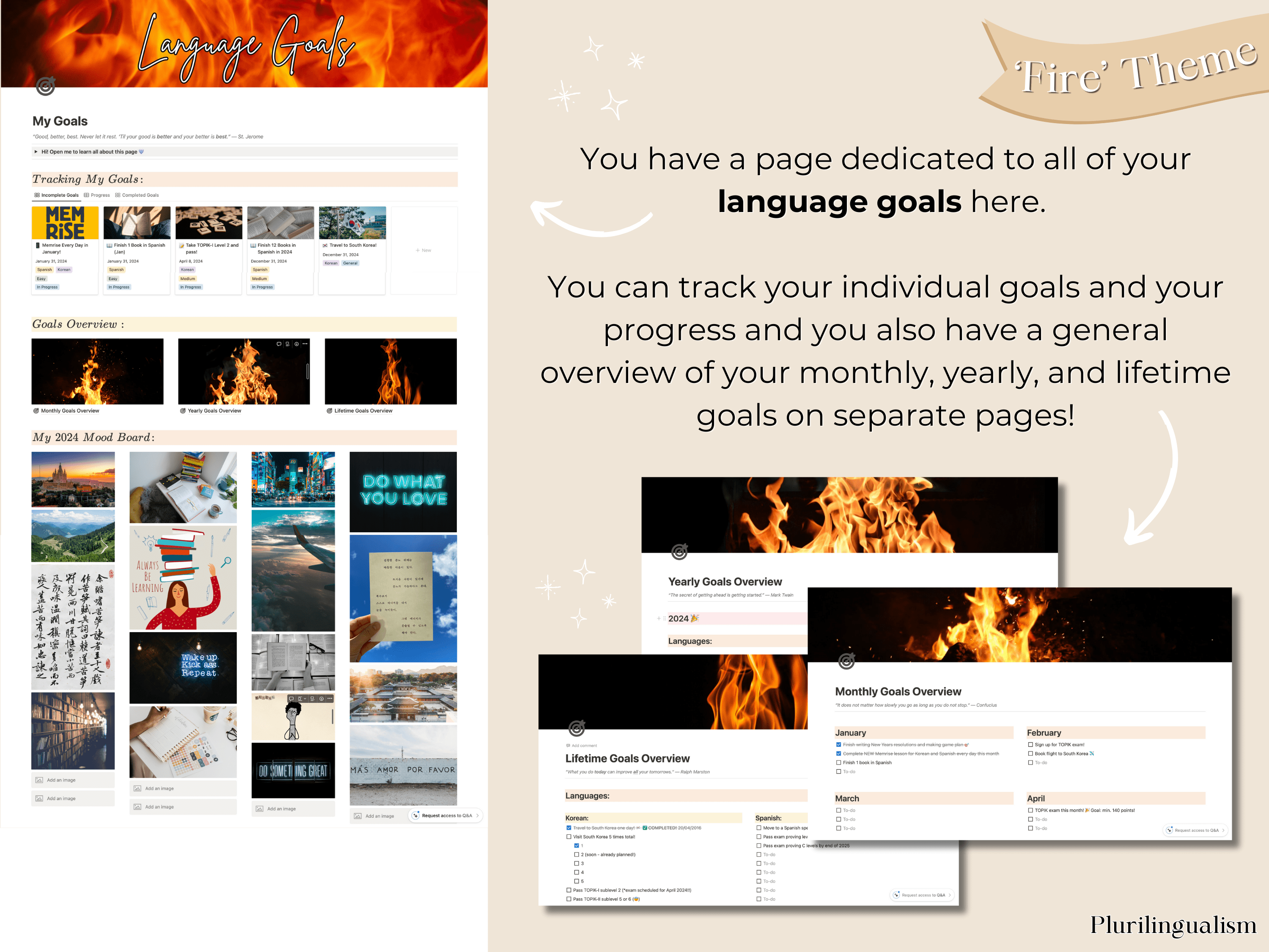 All-in-one mega Notion template for language learners. Fire theme. Language goals page on Notion with a vision board and goal tracking