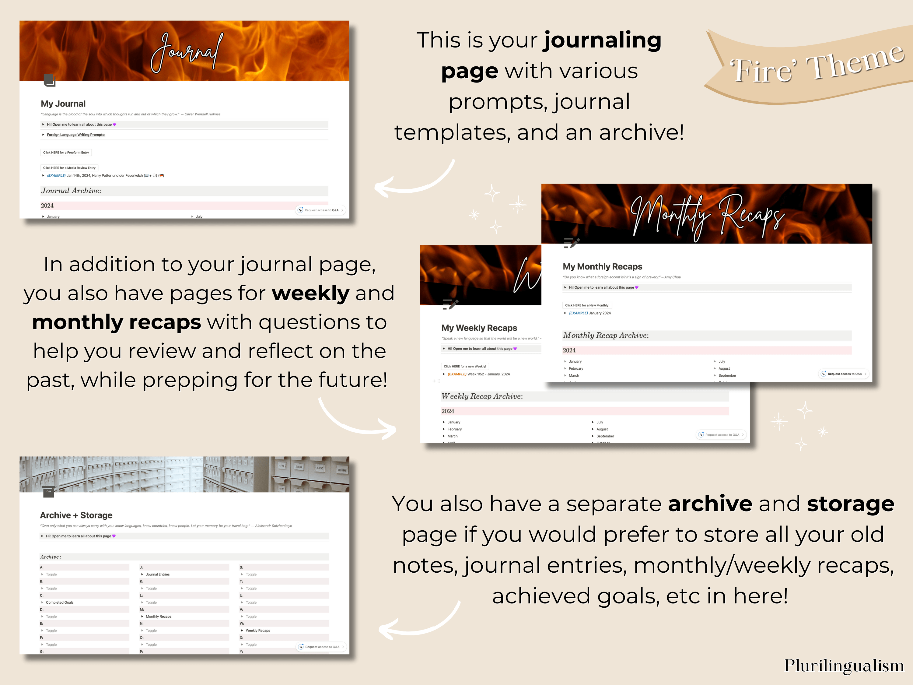 All-in-one mega Notion template for language learners. Fire theme. Journaling page on Notion and monthly and weekly recaps to track your language learning. As well as a Notion archive and storage page.