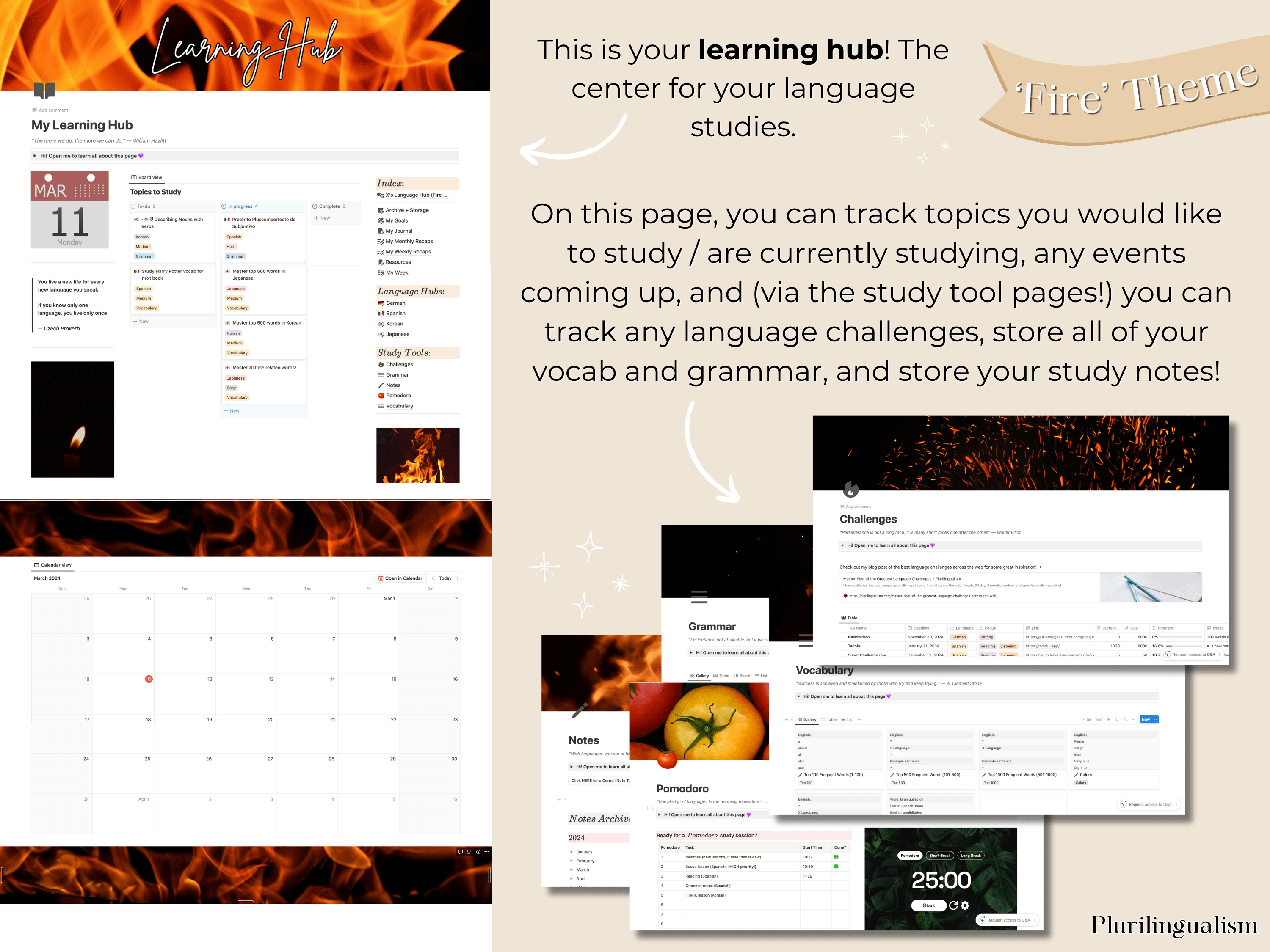 All-in-one mega Notion template for language learners. Fire theme. Main learning hub for language learners with study tools, tracking, a calendar, and so much more to help you learn a language as easily and quickly as possible!