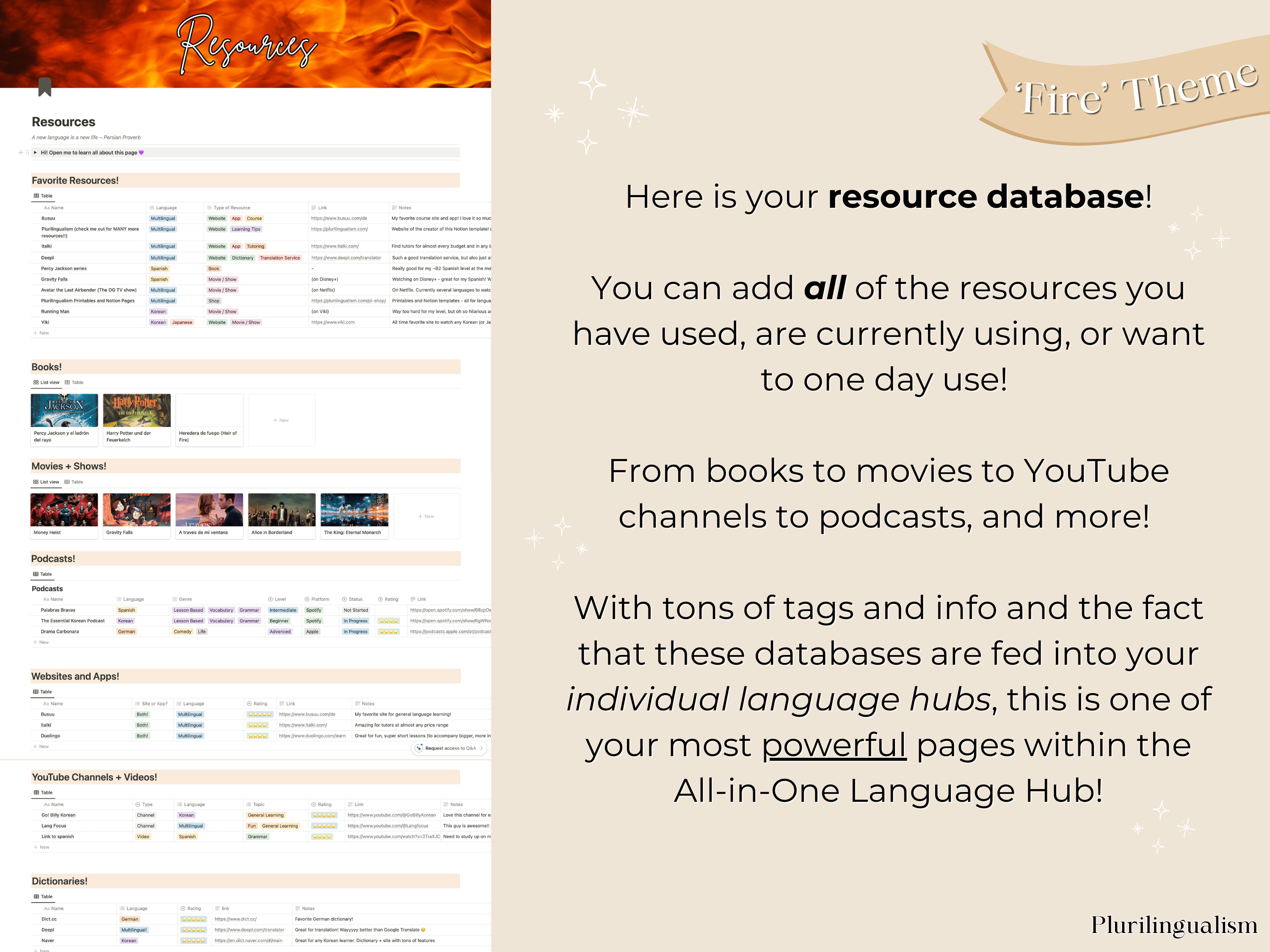 All-in-one mega Notion template for language learners. Fire theme. Resource database to track any and all language resources and organize them to help you learn faster and better than ever before!