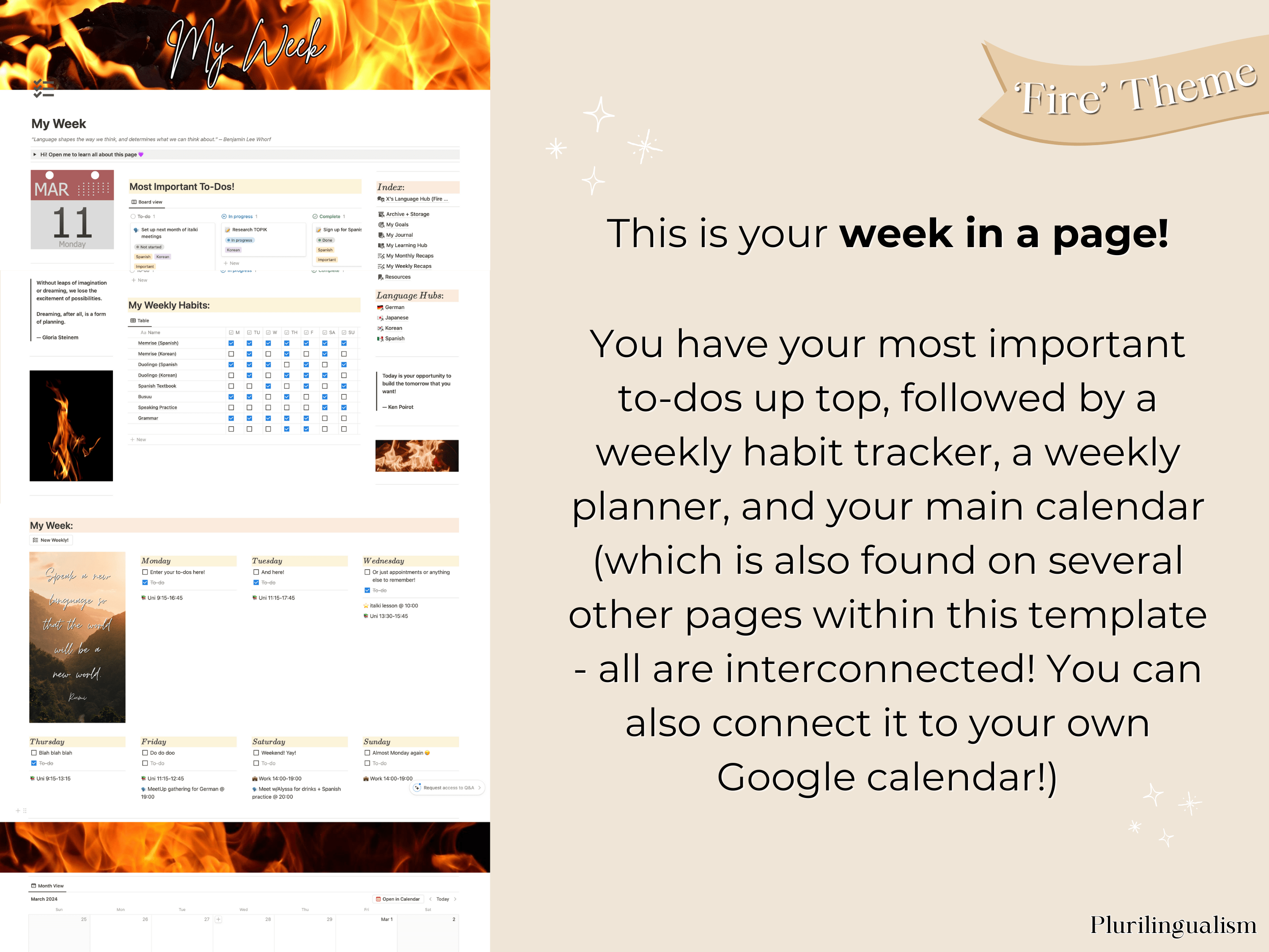 All-in-one mega Notion template for language learners. Fire theme. Your weekly page where you track your week, manage to dos, appointments, and more.