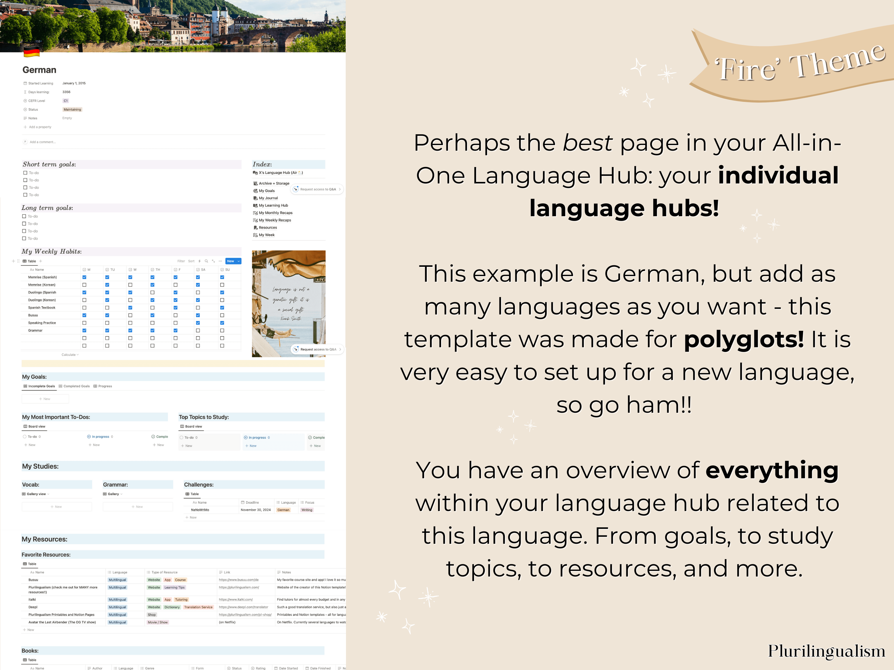All-in-one mega Notion template for language learners. Fire theme. Individual language hub where you track any and all resources and info related to a specific language you are studying!