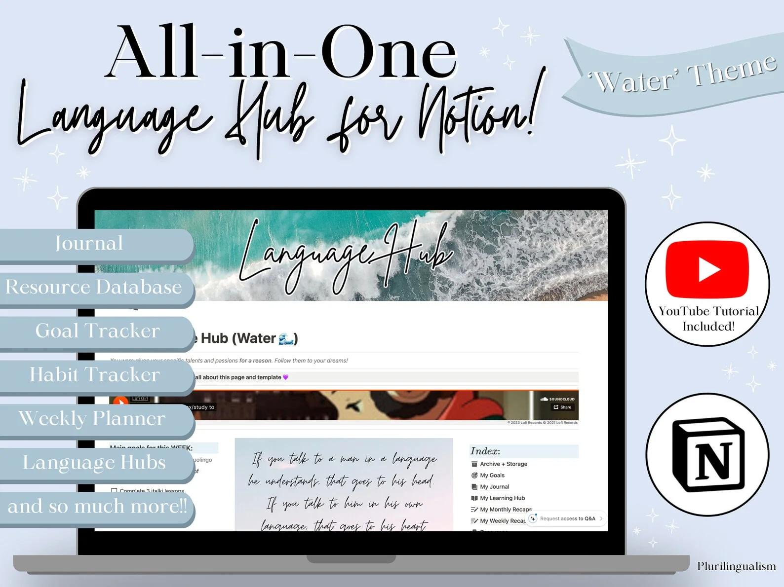 All-in-one mega Notion template for language learners. Water theme