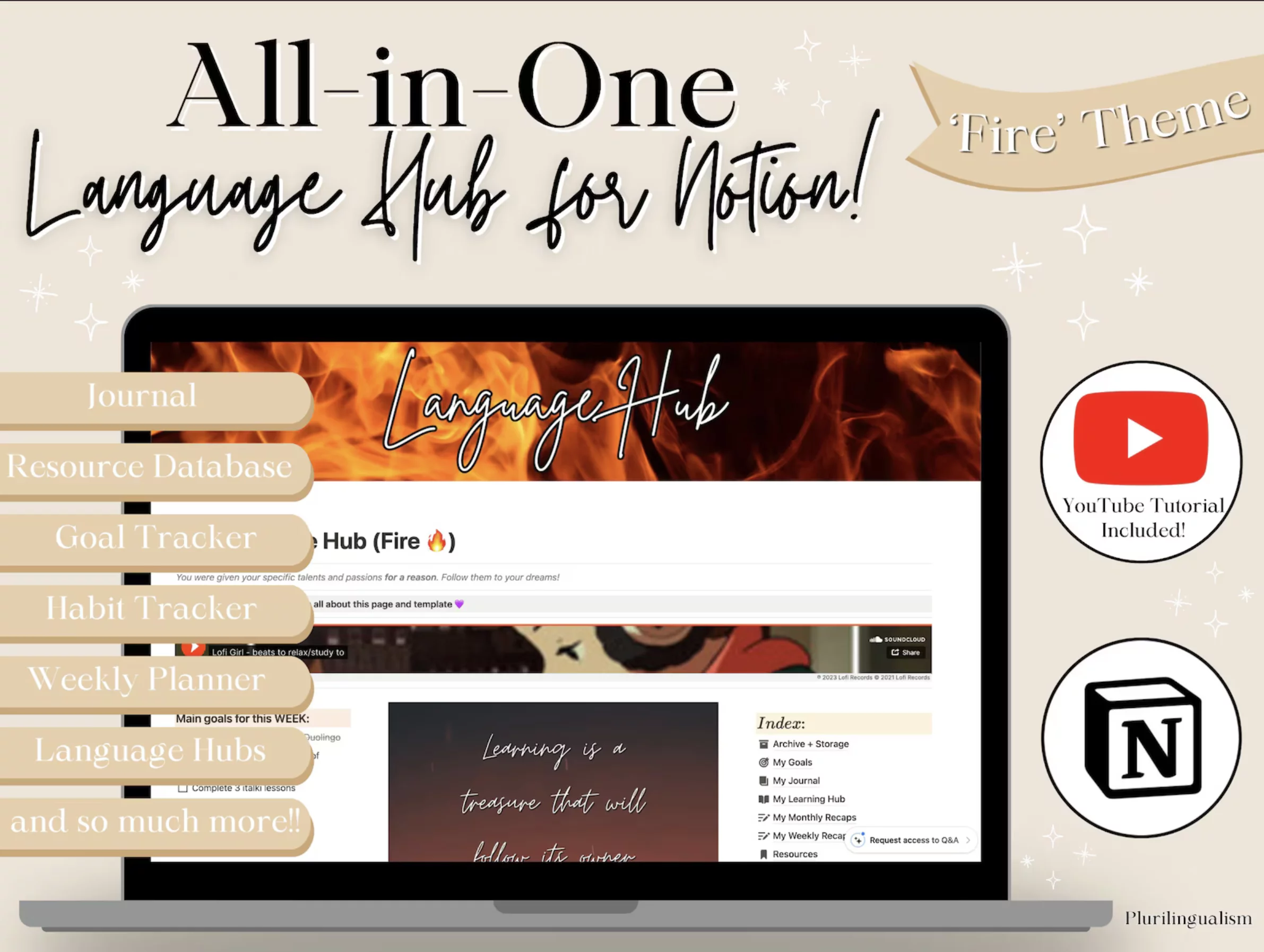All-in-one mega Notion template for language learners. Fire theme