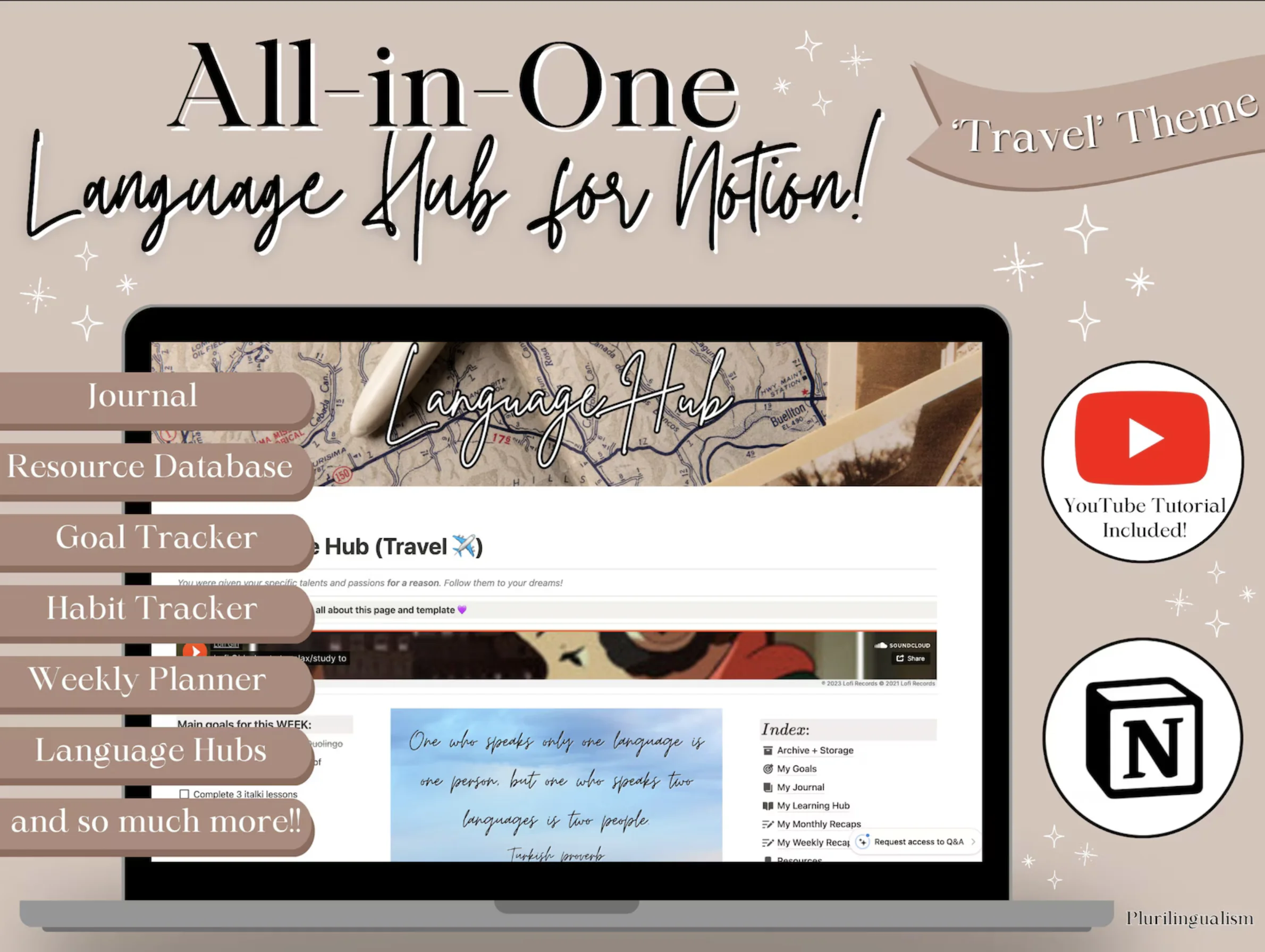 All-in-one mega Notion template for language learners. Travel theme All in one language hub for notion. The ultimate language learners tool