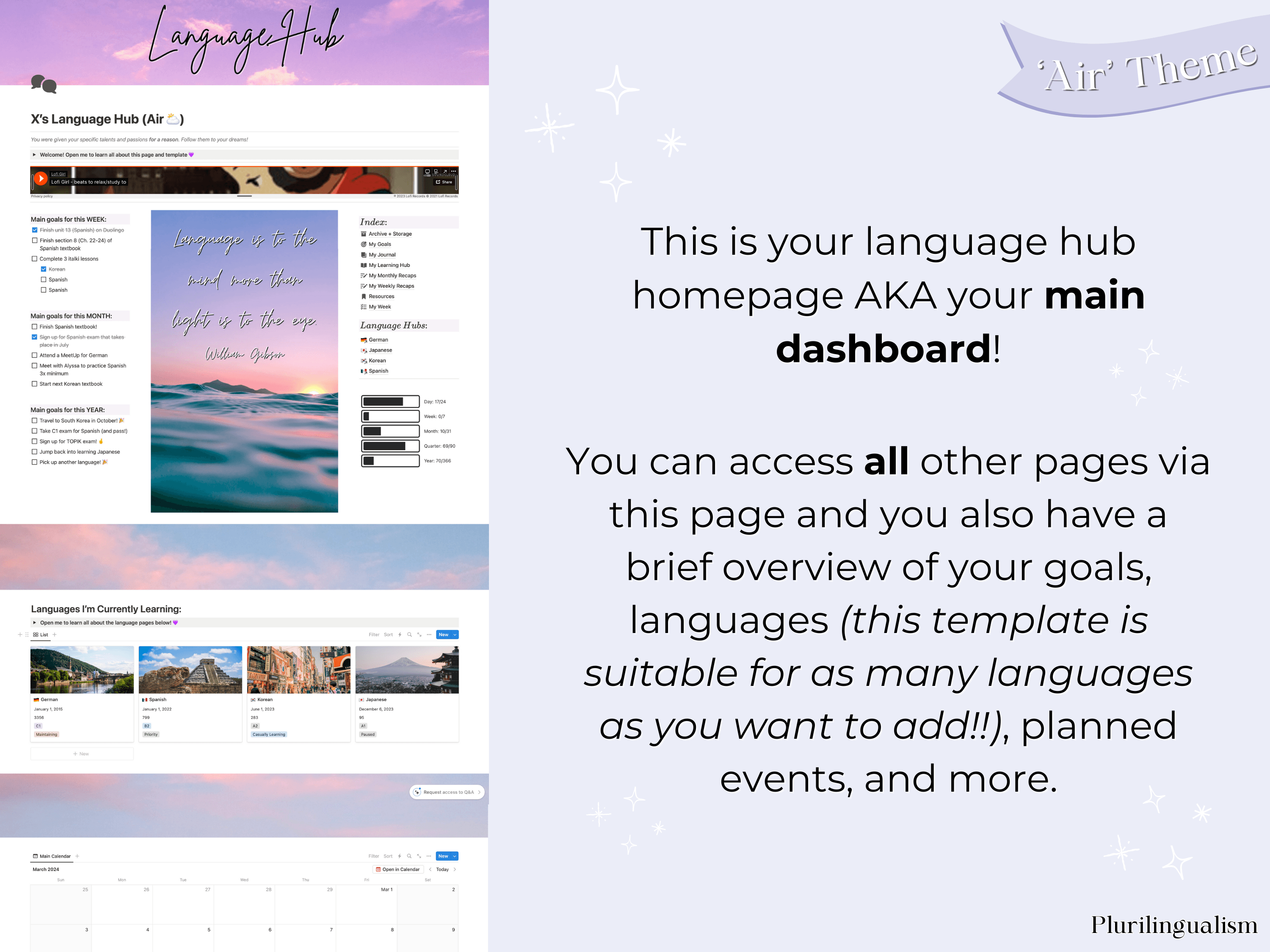 All in one language hub for notion - air theme. The ultimate language learners tool. Dashboard and homepage view example