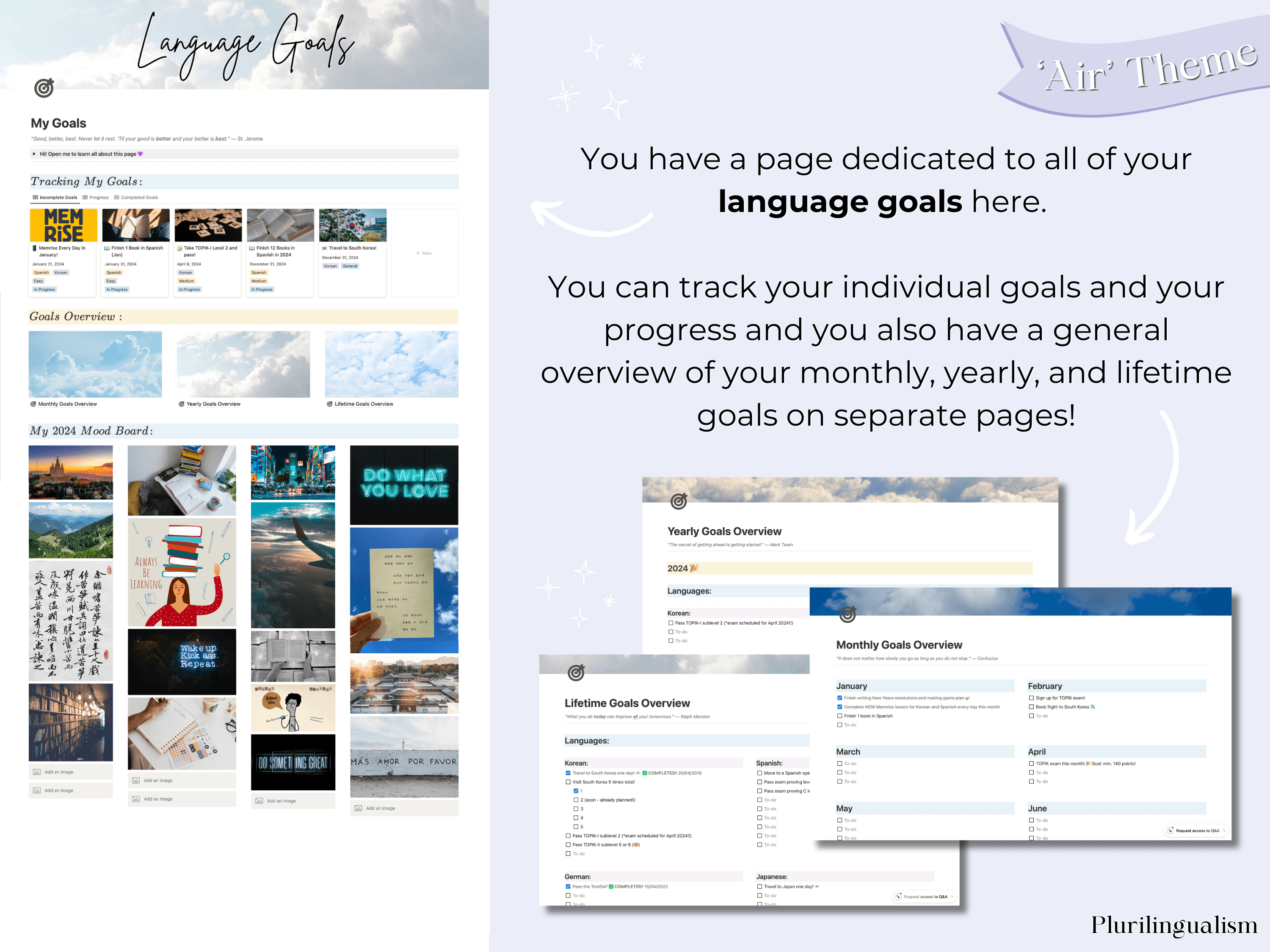 All in one language hub for notion - air theme. The ultimate language learners tool. Language goals page with vision board